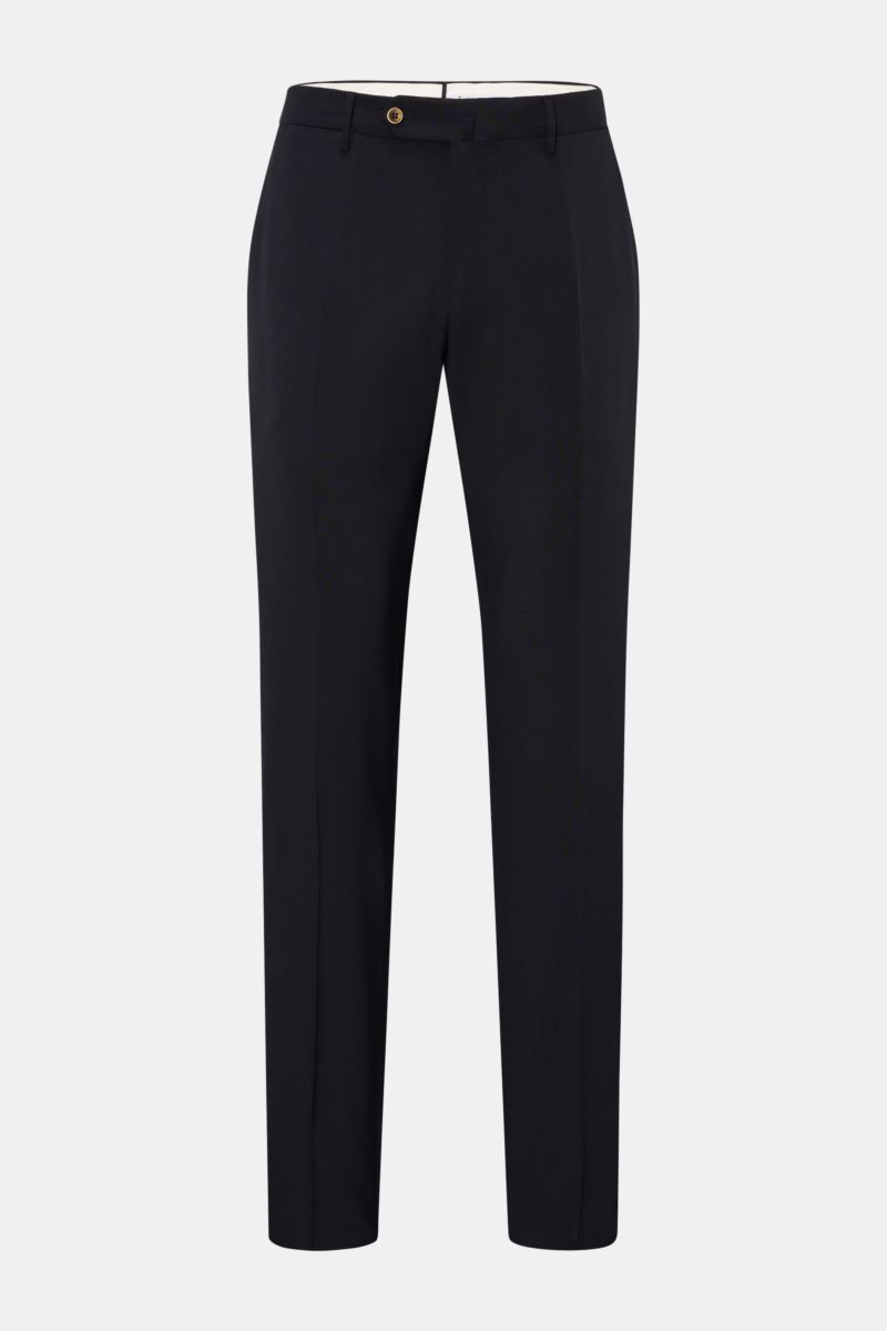 Front view of PT Torino Wool trousers 'Slim Fit' navy, showcasing slim fit, tapered cut, zip, waist buttons, French pockets, small watch pocket, and jetted back pockets with button; elastic virgin wool fabric with smooth feel and lightweight design, perfe
