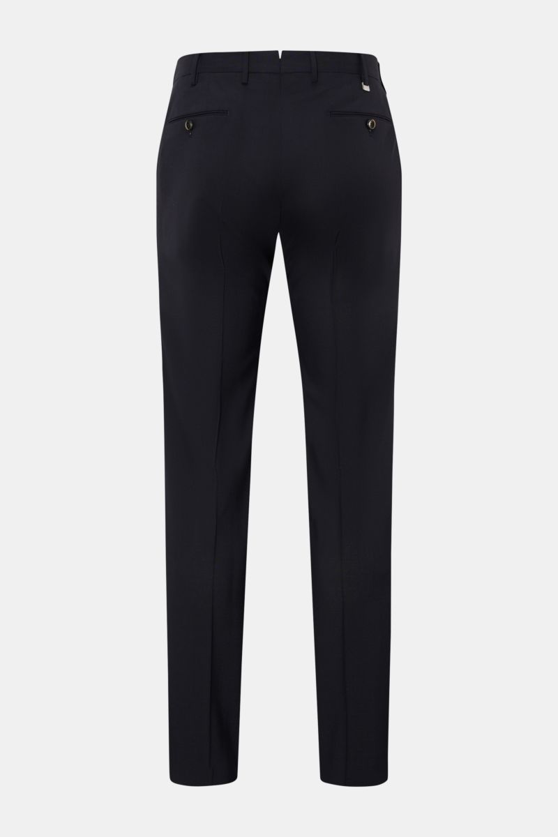 Rear view of PT Torino Wool trousers 'Slim Fit' navy, showcasing elastic virgin wool, slim tapered cut with zip, waist buttons, French pockets, small watch pocket, jetted back pockets with buttons, smooth lightweight fabric, open length, perfect for high-