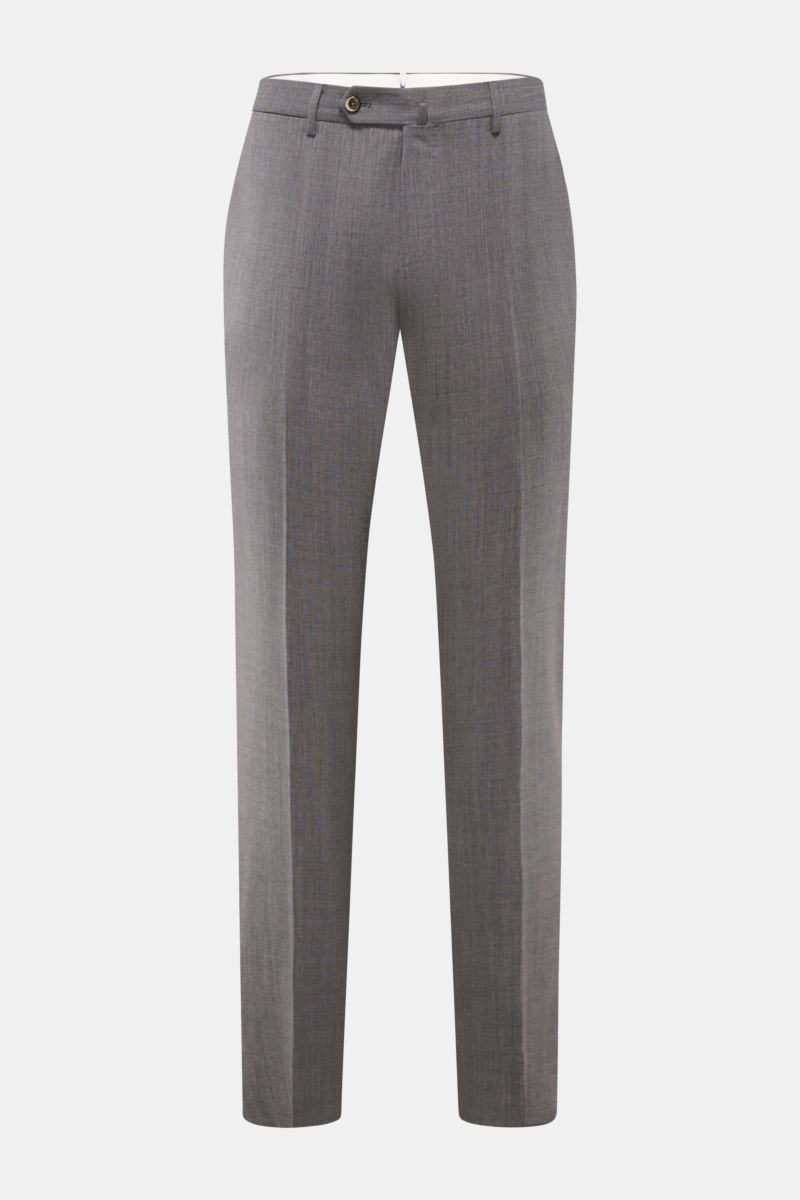 Front view of PT Torino Wool trousers 'Slim Fit' grey mottled, featuring elastic virgin wool, slim fit, tapered cut, zip and waist buttons. 

Description: 
For these exclusive trousers, PT TORINO has chosen the finest virgin wool that emphasises the sl
