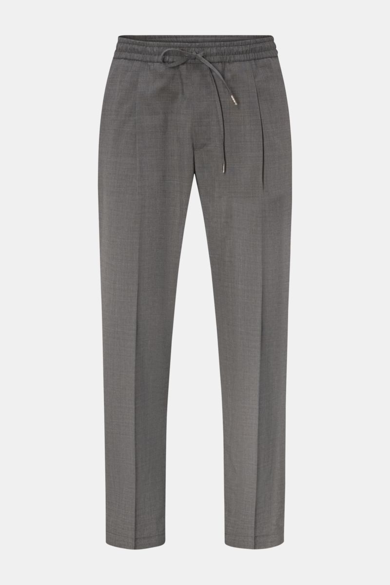 Front view of Briglia 1949 Wool jogger pants 'Wimbledon' grey mottled, lightweight wool-microfibre blend, tapered fit, elastic waistband, drawstring, zip fly, single pleat, French and hip pockets, ankle length. Italian style and maximum comfort meet in th