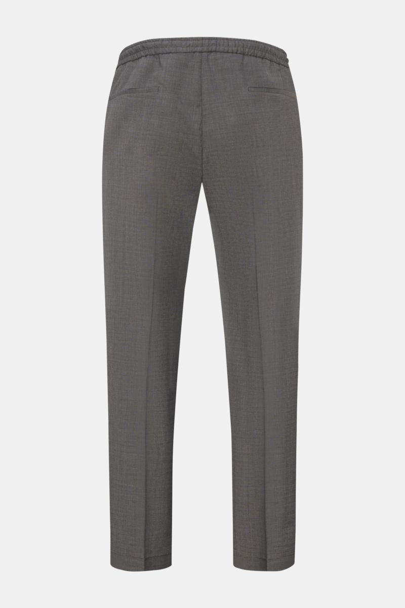 Rear view of Briglia 1949 Wool jogger pants 'Wimbledon' grey mottled, lightweight wool-microfibre blend with elasticated waistband, zip fly, tapered fit, single pleat, French pockets, and hip pockets, ankle length, high waist for business and casual wear.