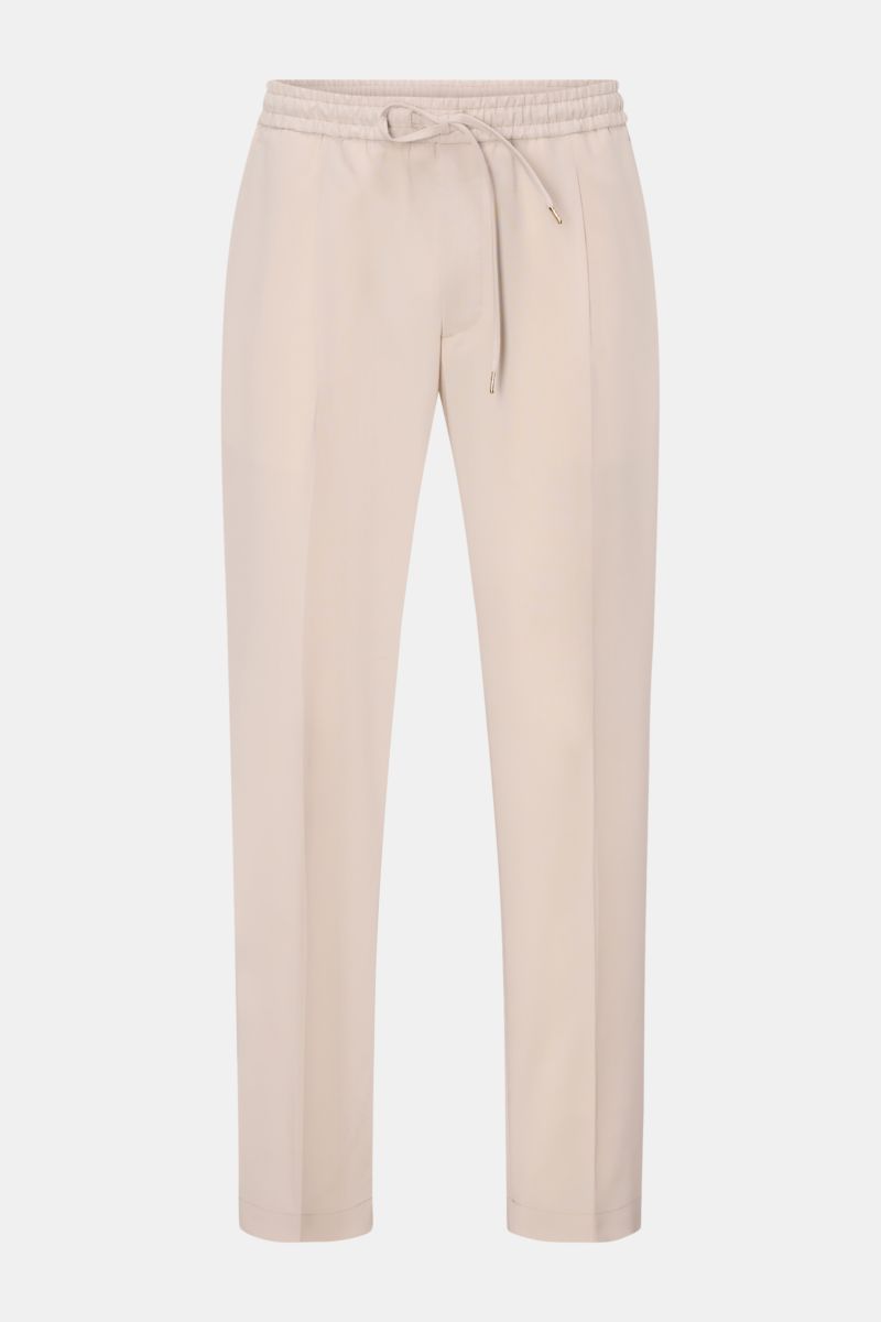 Front view of Briglia 1949 Wool jogger pants 'Wimbledon' sand in lightweight wool microfiber blend with elastic drawstring waist, tapered fit, zip fly, single pleat, French and hip pockets, ankle length, high waist, and soft feel. Italian style and maximu