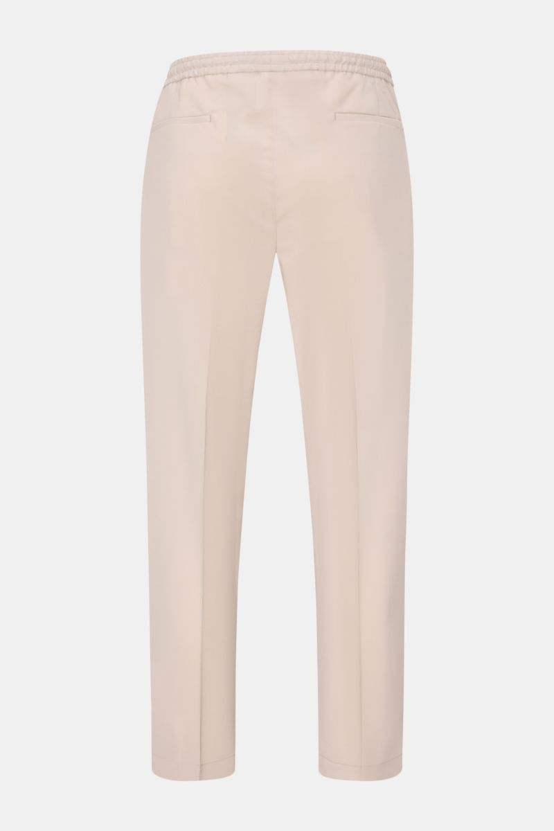 Rear view of Briglia 1949 Wool jogger pants 'Wimbledon' sand in lightweight wool-microfibre blend, high waist, elasticated waistband with drawstring, tapered fit, single pleat, French and hip pockets, ankle length, soft feel, versatile for business and ca