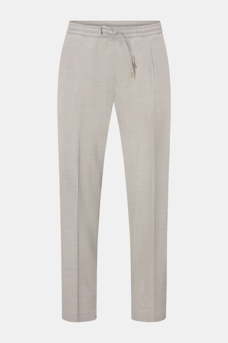 Front view of Briglia 1949 Wool jogger pants 'Wimbledon' light grey mottled, lightweight wool blend, tapered fit, elastic waistband with drawstring, zip fly, single pleat, French and hip pockets, ankle length, high waist, soft feel, versatile for business
