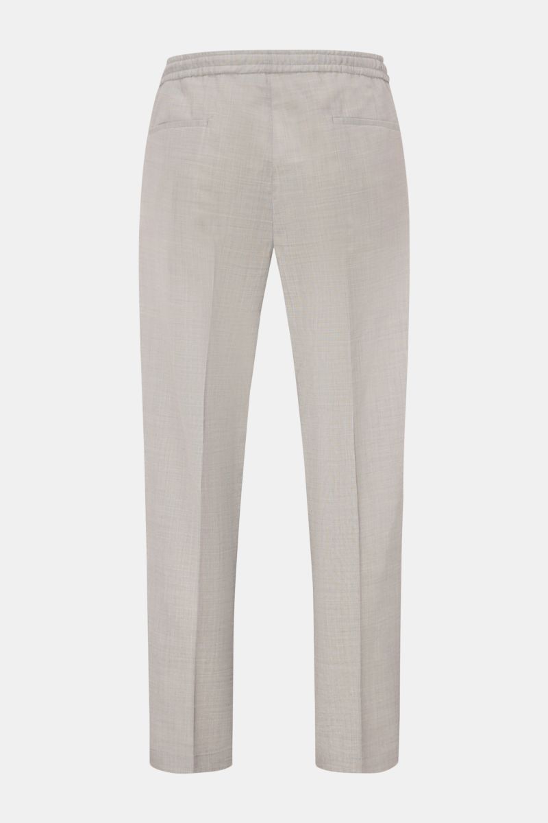 Back view of Briglia 1949 Wool jogger pants 'Wimbledon' light grey mottled, lightweight wool-blend with tapered fit, elastic waistband, and French and hip pockets. Italian style and maximum comfort meet in these high-waist, ankle-length trousers with a zi
