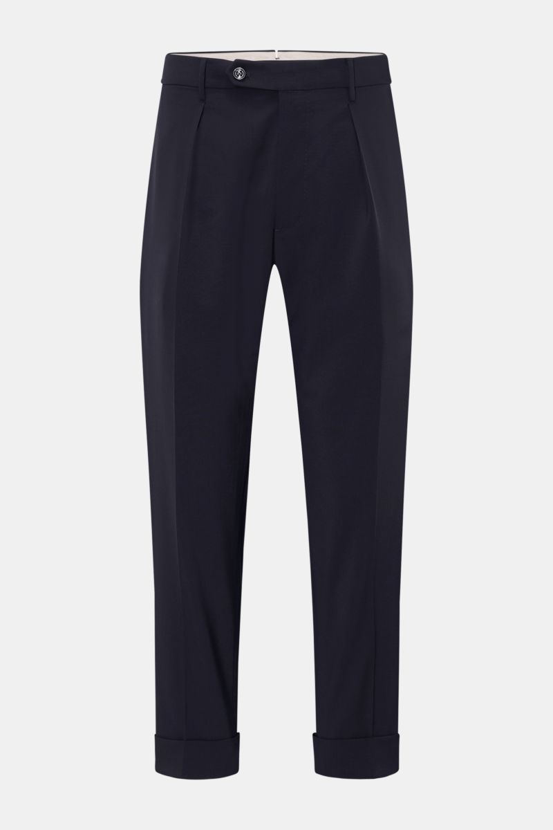 Berwich Wollhose 'Chiaia' navy, knöchellang, Tapered Fit, aus leichter, elastischer Schurwolle, mit Bundknopf, Reißverschluss, Taschen, Saumaufschlag, frontal fotografiert.