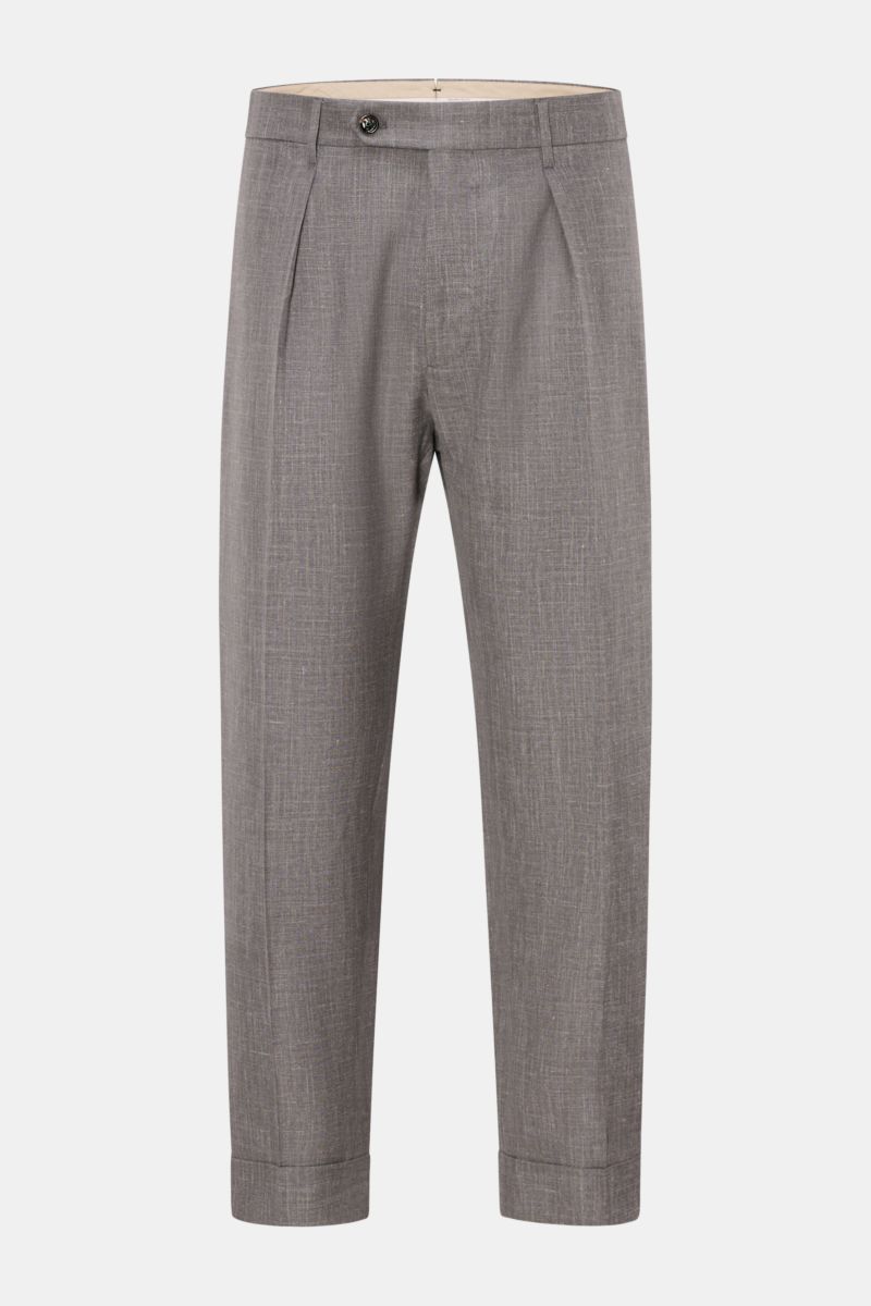Berwich Hose 'Chiaia' grau meliert im Frontbild, Tapered Fit, Bundfalte, Materialmix Wolle, Seide, Leinen, knöchellang, schmal zulaufend, Taschen.