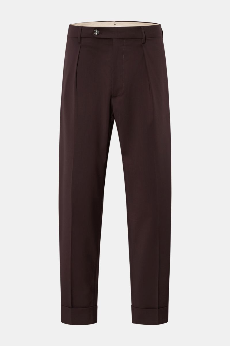 Berwich Wollhose 'Chiaia' dunkelviolett, frontal fotografiert, aus reiner, leicht elastischer Schurwolle, Tapered Fit, knöchellang, mit Bundknöpfen, Reißverschluss, Taschen und fixiertem Saumaufschlag.