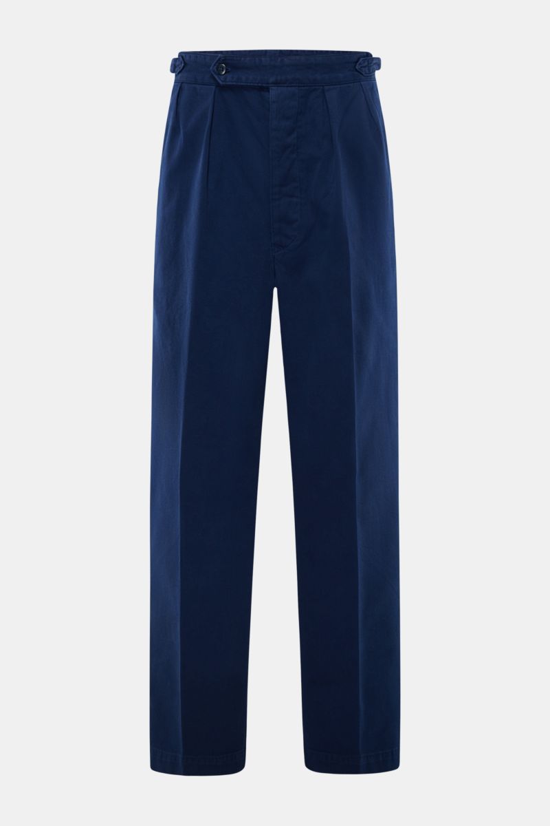 Frontale Nahaufnahme der Polo Ralph Lauren Baumwollhose navy in Twill-Baumwolle, knöchellang, gerader Schnitt, mit Bundknopf, Reißverschluss und Side Adjuster.