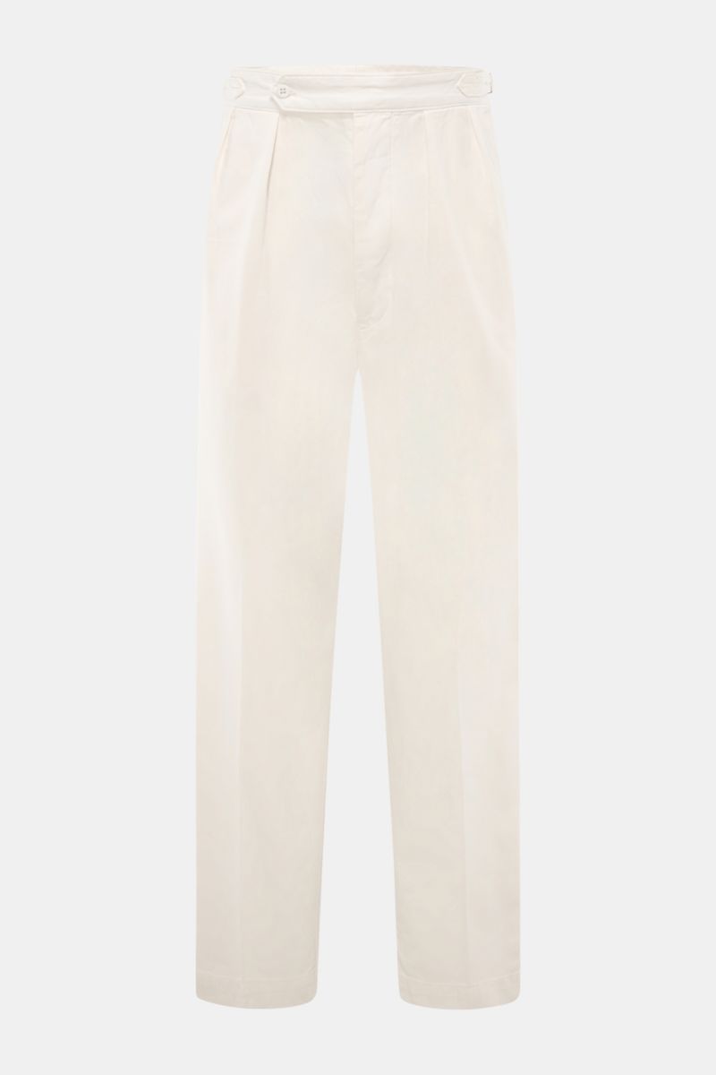 Frontansicht der cremefarbenen Polo Ralph Lauren Baumwollhose mit weichem Griff, Tapered Fit, Side Adjuster und paspelierten Gesäßtaschen.