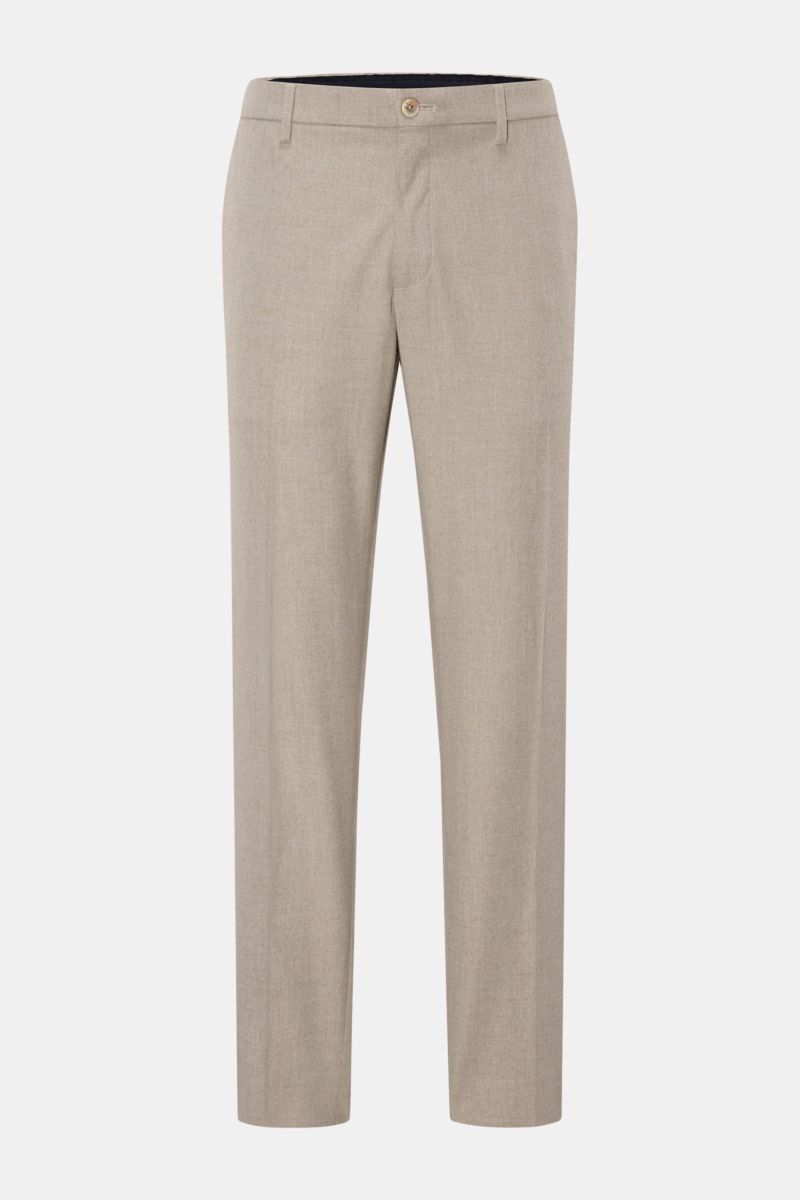 Front view of GTA Trousers 'Davide' beige mottled, ankle-length with a tapered fit, partially elasticated waistband, zip and button closure, French pockets, back buttoned pockets, made from a soft blend of viscose and microfibre for comfort and elegance. 