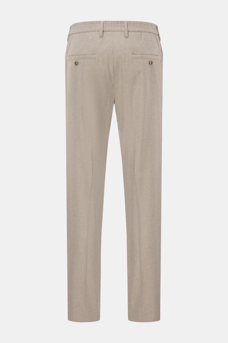 Rear view of GTA Trousers 'Davide' beige mottled, ankle-length with very tapered cut, partially elasticated waistband, French and back pockets with buttons.

Elegance meets comfort: These trousers with a partially elasticated waistband by GTA have a co