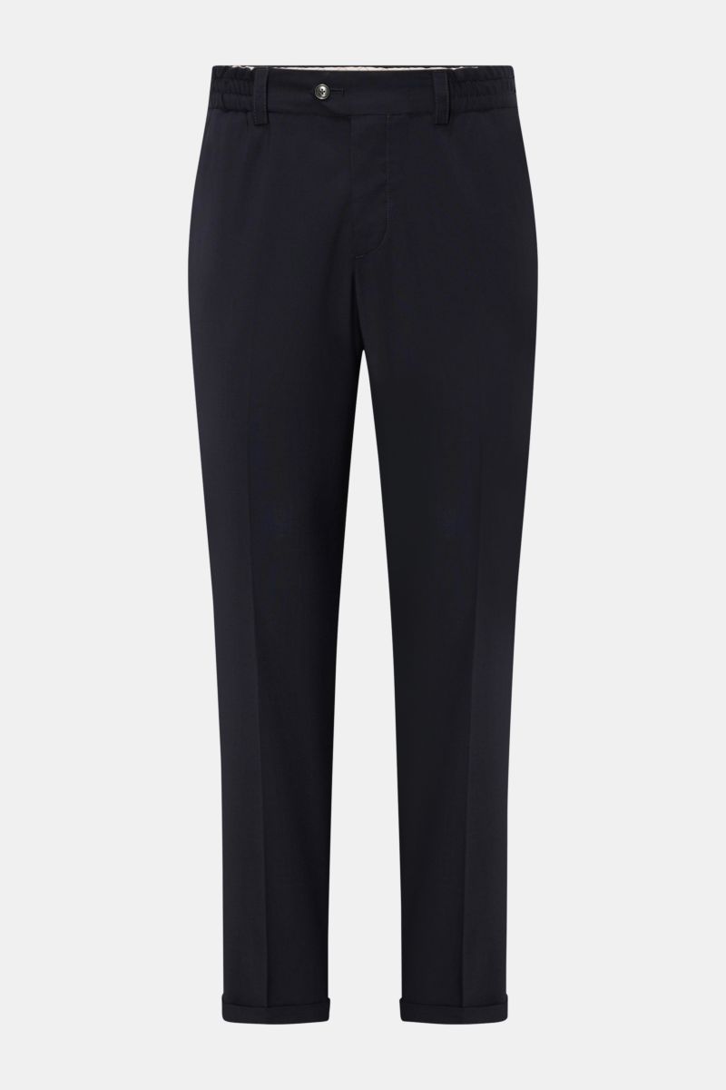 PT Torino Hose 'The Rebel' dark navy, frontale Ansicht, knöchellang, aus Wolle-Microfaser-Mix, Rebel Fit, mit Button Fly, Bundknopf, französischen und geknöpften Gesäßtaschen, fixiertem Saumaufschlag.