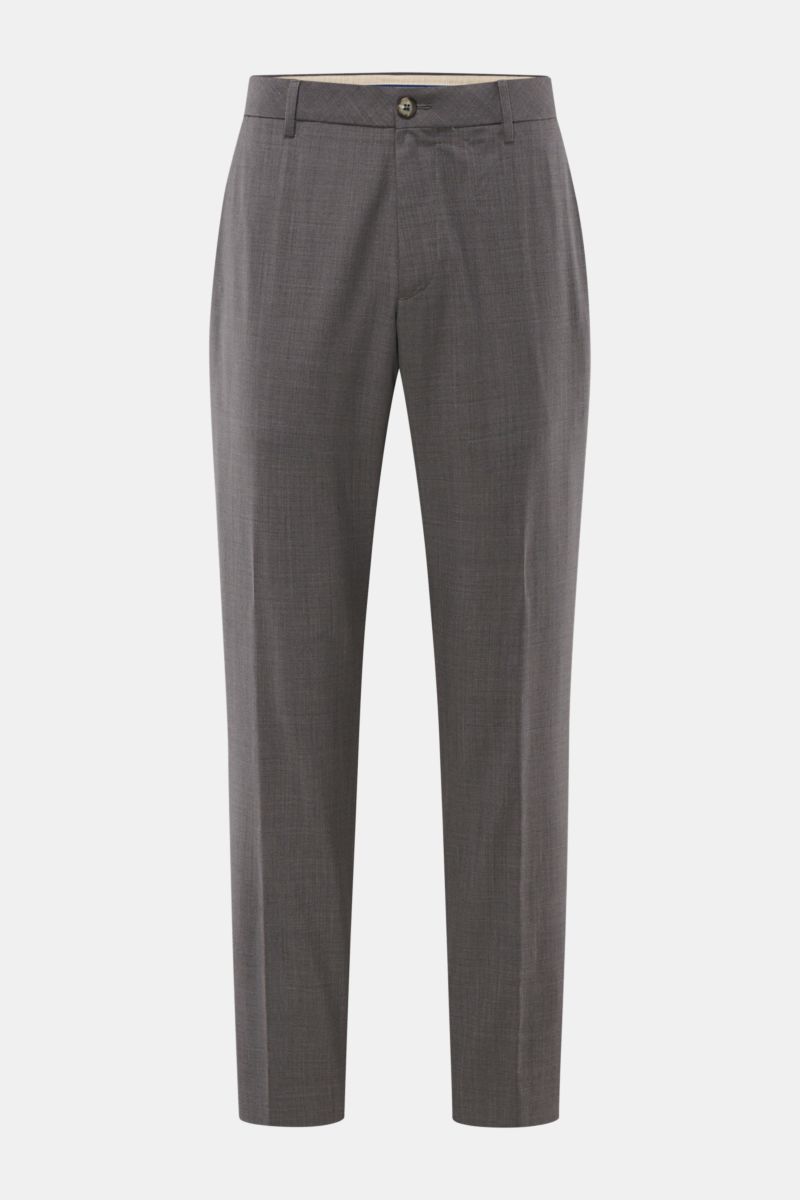 GTA Wollhose 'Davide' dunkelgrau meliert, Frontansicht, reine Schurwolle, leichter Stoff, glatter Griff, Tapered Fit, verkürzte Beinlänge, französische Taschen, Logo-Detail, Bundknopf und Reißverschluss.