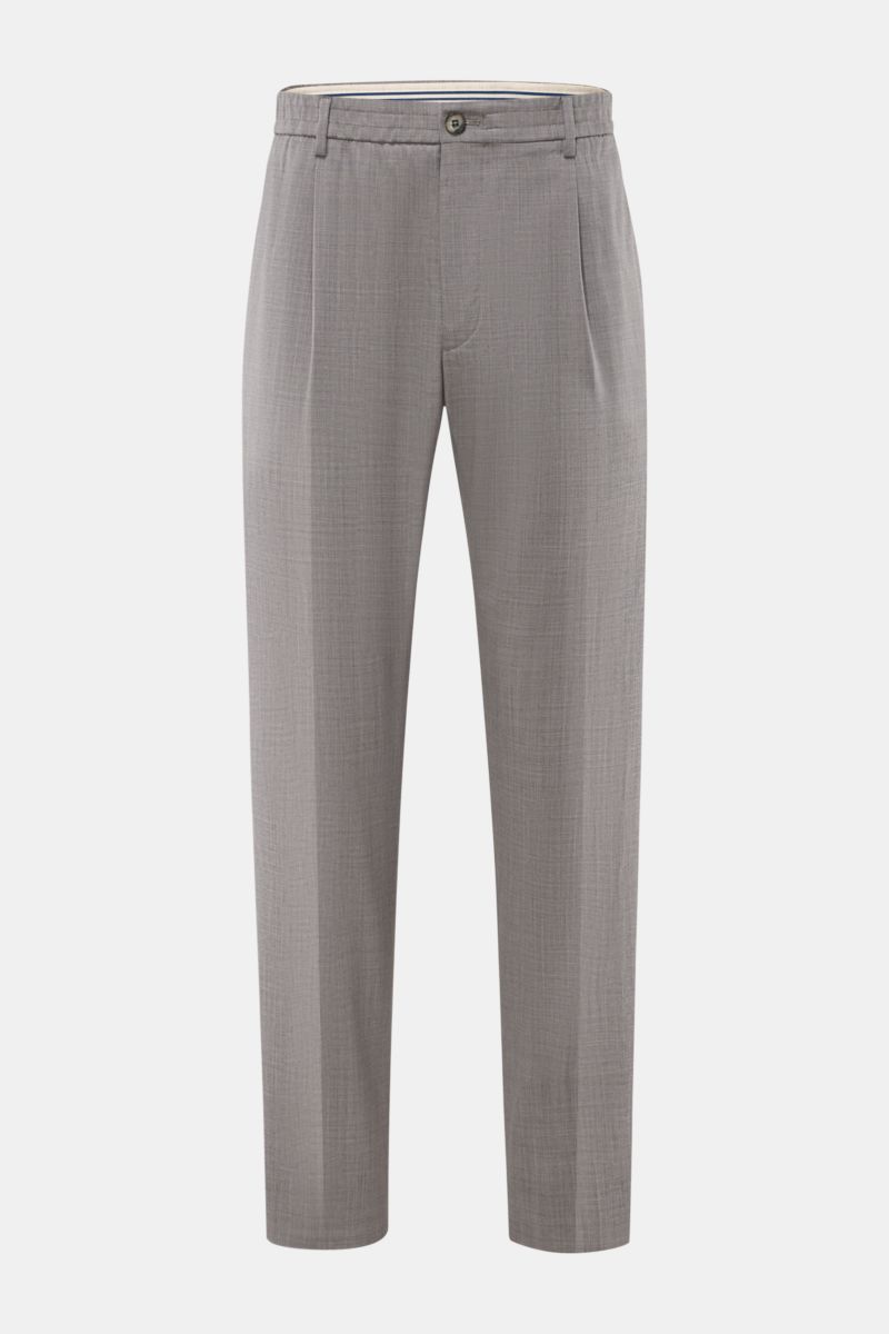 GTA Woll-Jogpants 'New Paul' grau meliert, frontale Nahaufnahme, reine Schurwolle, elastischer Bund, tapered Fit, verkürzte Beinlänge, französische Taschen.
