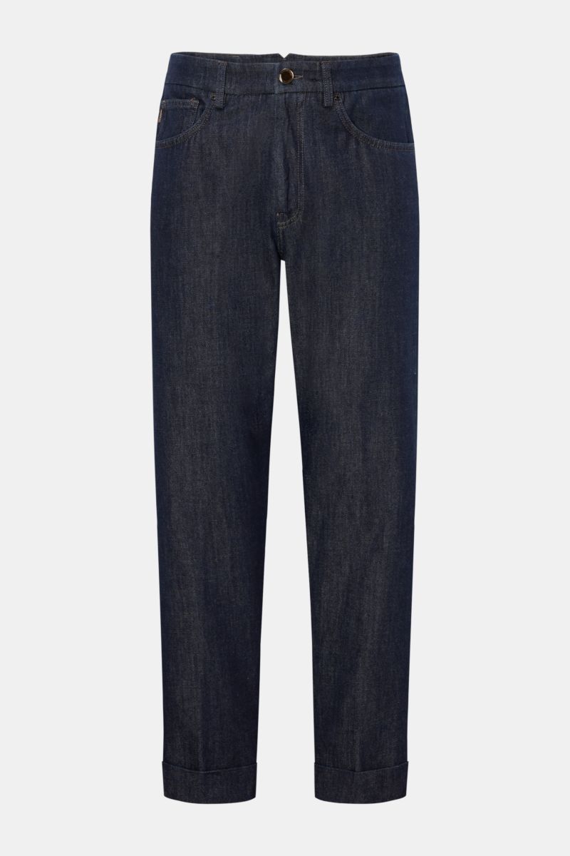 Berwich Jeans 'Chiaia 5t-GD' navy, frontale Ansicht, Tapered Fit, reine Baumwolle, Five-Pocket-Stil, Zip Fly, knöchellang, fixierter Saumaufschlag, Leather-Patch.