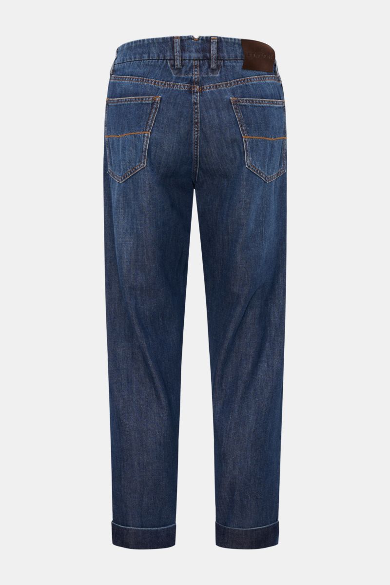 Berwich Jeans 'Chiaia 5t-GD' dunkelblau von hinten, knöchellang, Tapered Fit, reine Baumwolle, Five-Pocket, Leather-Patch, Saumaufschlag.