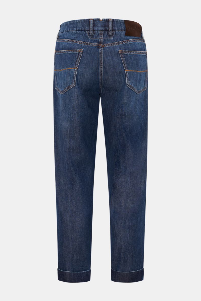 Berwich Jeans 'Chiaia 5t-GD' dunkelblau, Rückenansicht, Tapered Fit, reine Baumwolle, Five-Pocket, Zip Fly, fixierter Saumaufschlag, Leather-Patch.