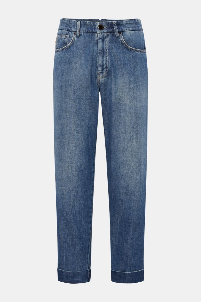 Berwich Jeans 'Chiaia 5t-GD' blau, frontale Ansicht, Tapered Fit, reine Baumwolle, Five-Pocket-Stil, Zip Fly, fixierter Saumaufschlag, Leather-Patch.