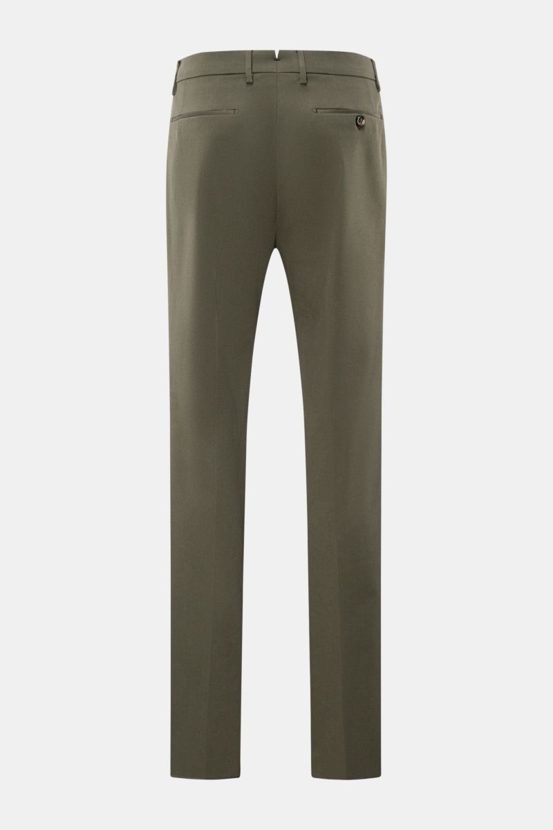 Berwich Baumwollhose 'Retro Long' dunkelgrün, Slim Fit, schmal zulaufend, mit Bundfalte, Reißverschluss, Knöpfen, paspelierte Taschen, Rückansicht.