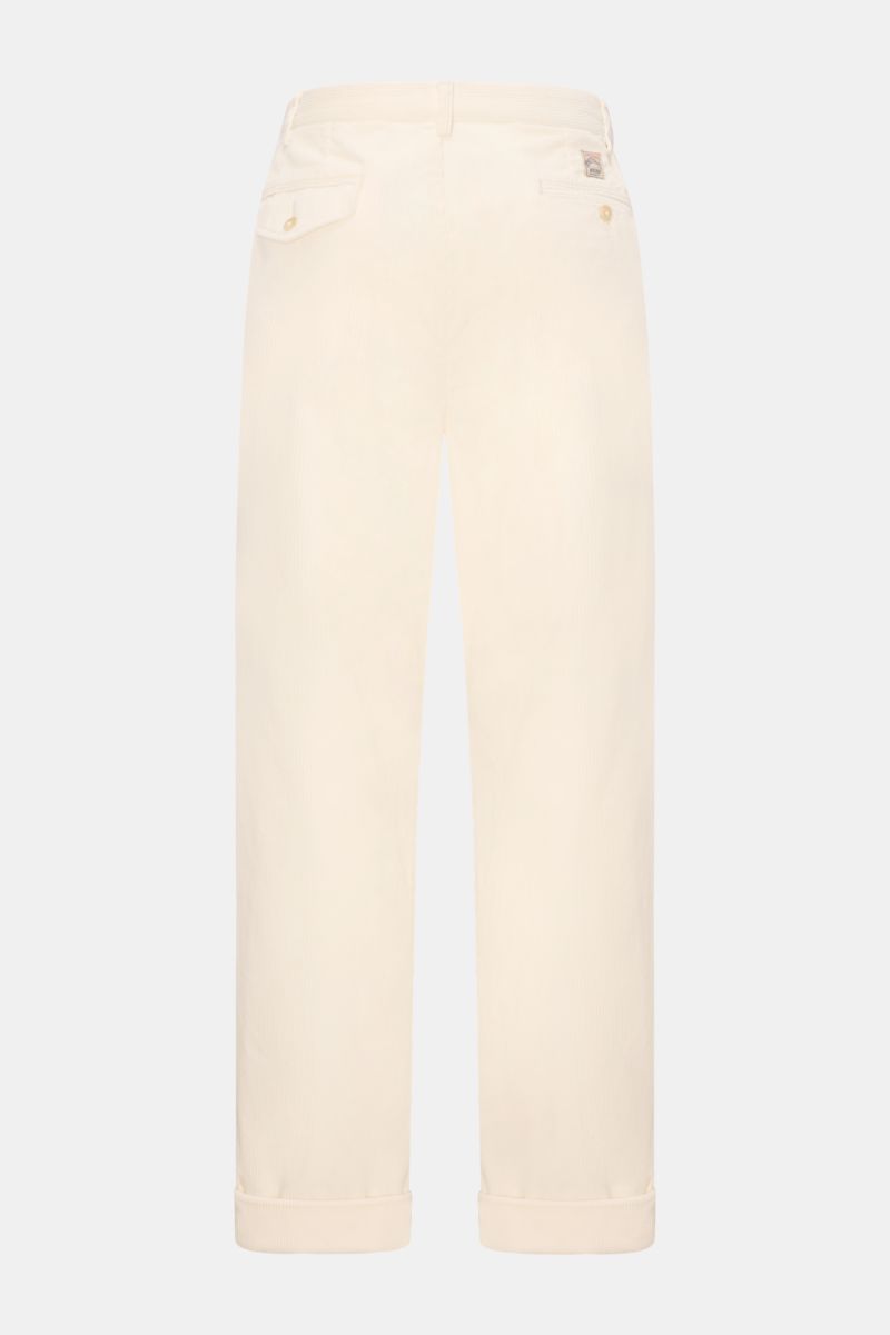 Back view of Polo Ralph Lauren Cordhose creme corduroy pants, tapered fit, ankle length, with buttoned back pockets and cuffed hems.