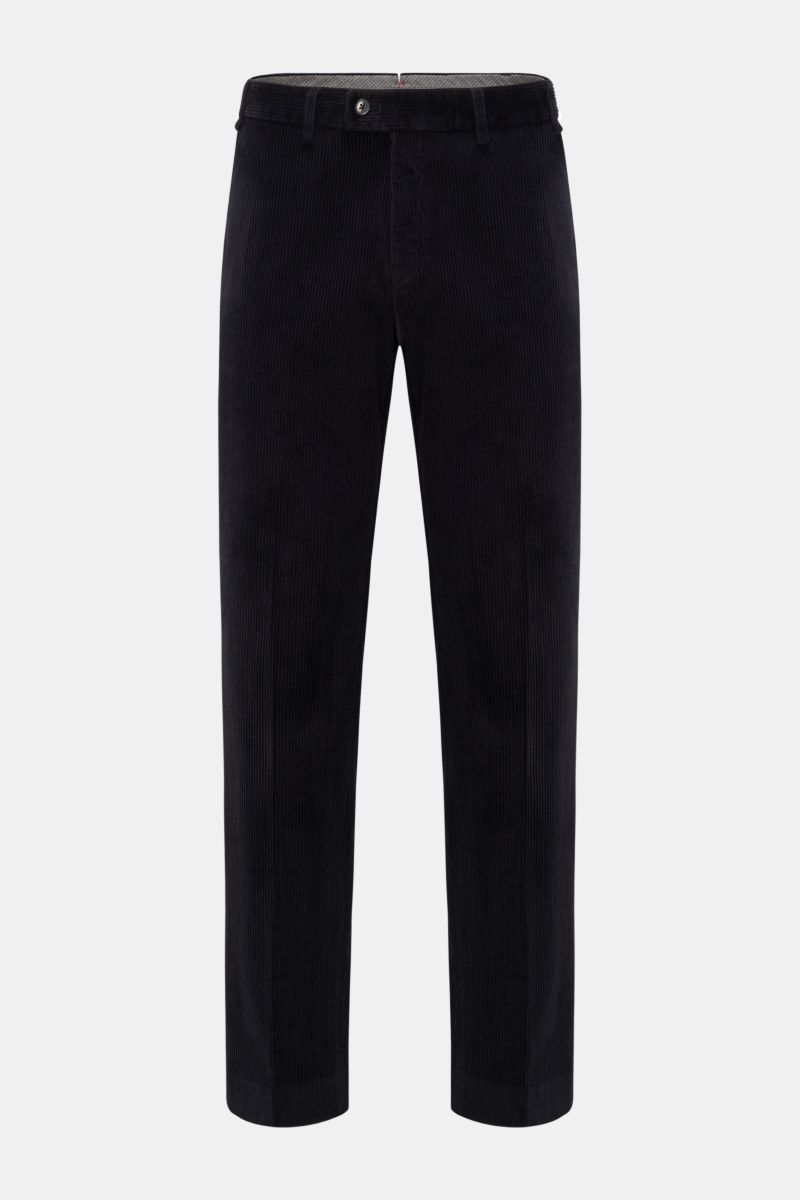 Front view of Hiltl Corduroy trousers 'Parma' navy made of velvety pure cotton corduroy with regular fit, straight cut, zip, waist button, French pockets, and narrow jetted back pocket with button. Modern trousers by HILTL: The model 'Parma' is made of ve