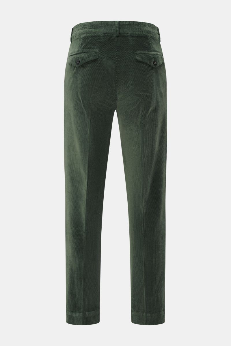 Grüne 04651/ A trip in a bag Cordhose aus Baumwoll-Modal-Cord, slim fit, knöchellang, mit teil-elastischem Bund, Reißverschluss, Knopf, Taschen, Rückansicht.