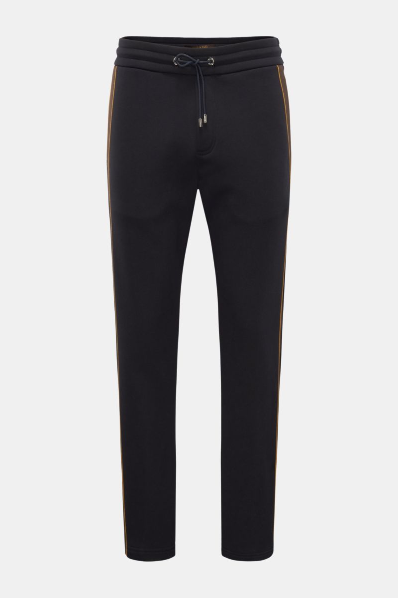 Front view of Moorer Sweat pants 'Jaiden' dark navy, slim fit, high waist, pure cotton sweat, soft feel, drawstring waistband, contrasting side stripes, French pockets, patch back pocket with button.