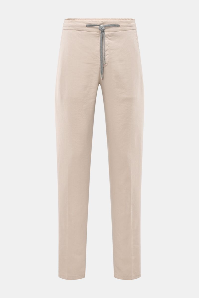 Marco Pescarolo Jogpants 'Caracciolo' beige, frontale Ansicht, leichte Leinen-Mischung, elastischer Bund mit Tunnelzug, schmal zulaufend, Regular Fit.