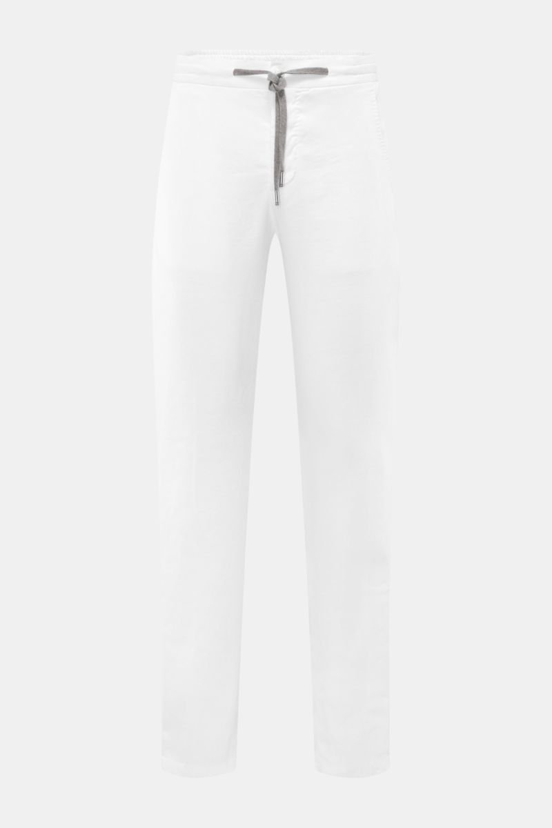 Marco Pescarolo Jogpants 'Caracciolo' weiß, frontale Ansicht, leichte Leinen-Mischung, elastischer Bund, schmal zulaufend, französische Taschen.
