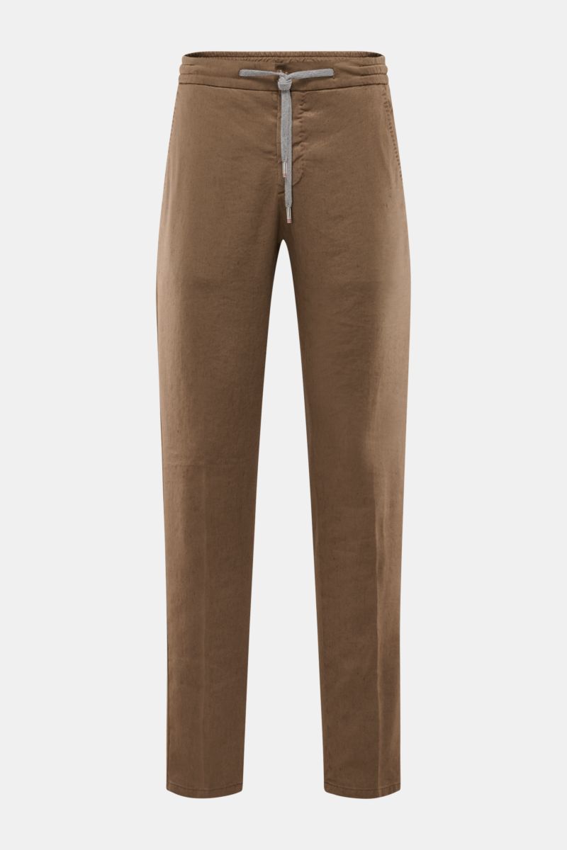 Marco Pescarolo Jogpants 'Caracciolo' braun aus leichter Leinen-Lyocell-Mischung, Regular Fit, schmal zulaufend, mit elastischem Bund und Tunnelzug, Reißverschluss, Bundknopf, französischen Taschen, paspelierten Gesäßtaschen mit Zipper und fixiertem Sauma