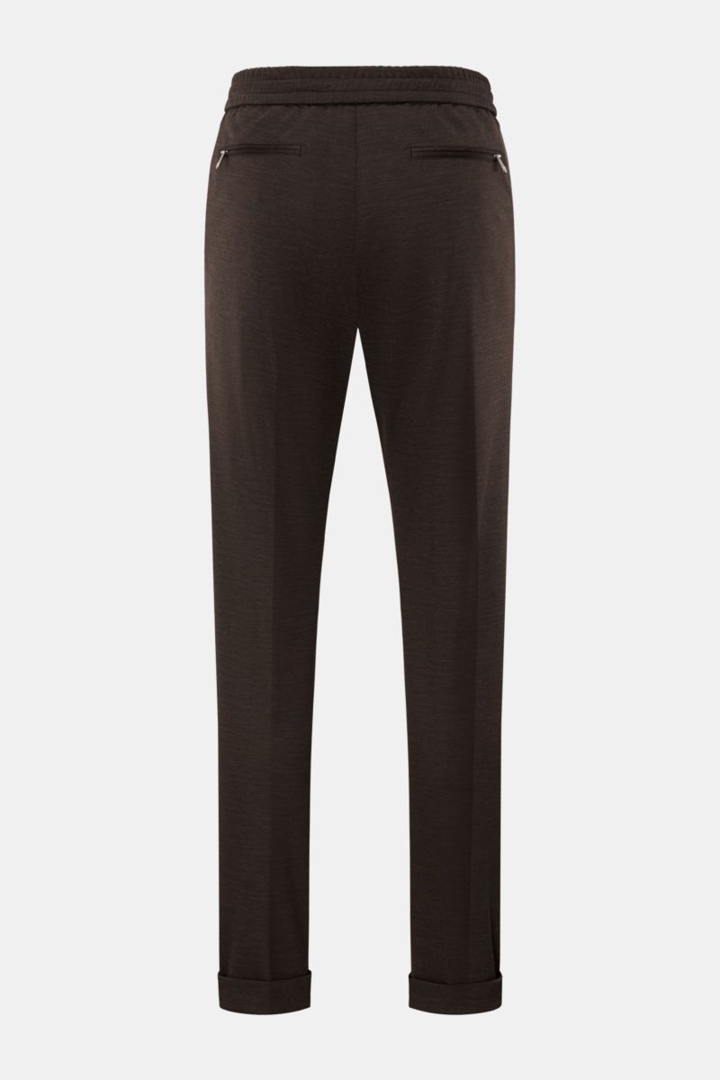 Marco Pescarolo Jogpants 'Caracciolo' dunkelbraun meliert, Rückansicht, schmal zulaufend, elastischer Bund, Reißverschluss, paspelierte Zipper-Taschen, fixierter Saum.