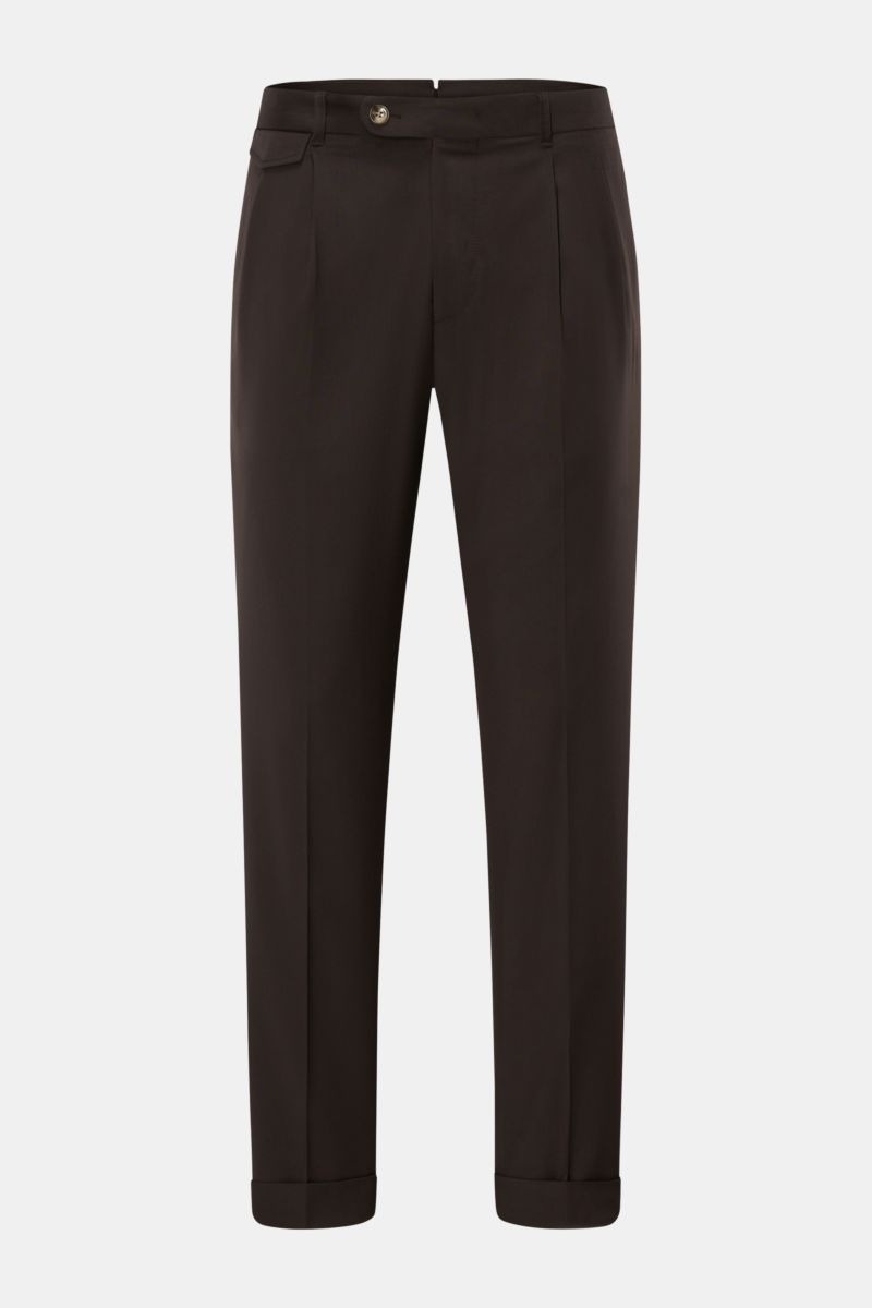 Windsor Wollhose 'Sapo' dunkelbraun, frontale Ansicht, aus reiner Wolle, glatter Griff, doppelte Bundfalte, Tapered Fit, knöchellang, französische Taschen.
