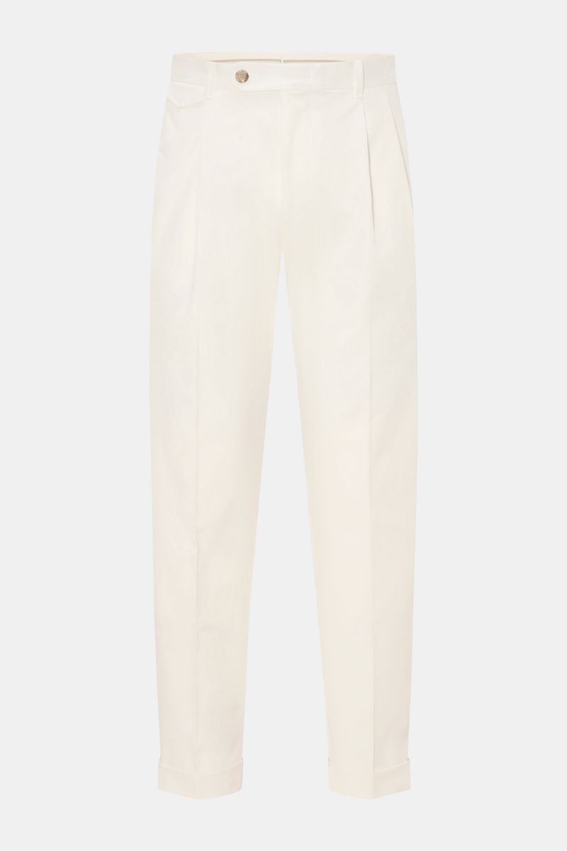 Windsor Chino 'Sapo' creme, frontale Ansicht, Baumwoll-Twill mit Bundfalten, Tapered Fit, knöchellang, Reißverschluss, französische Taschen, Saumaufschlag