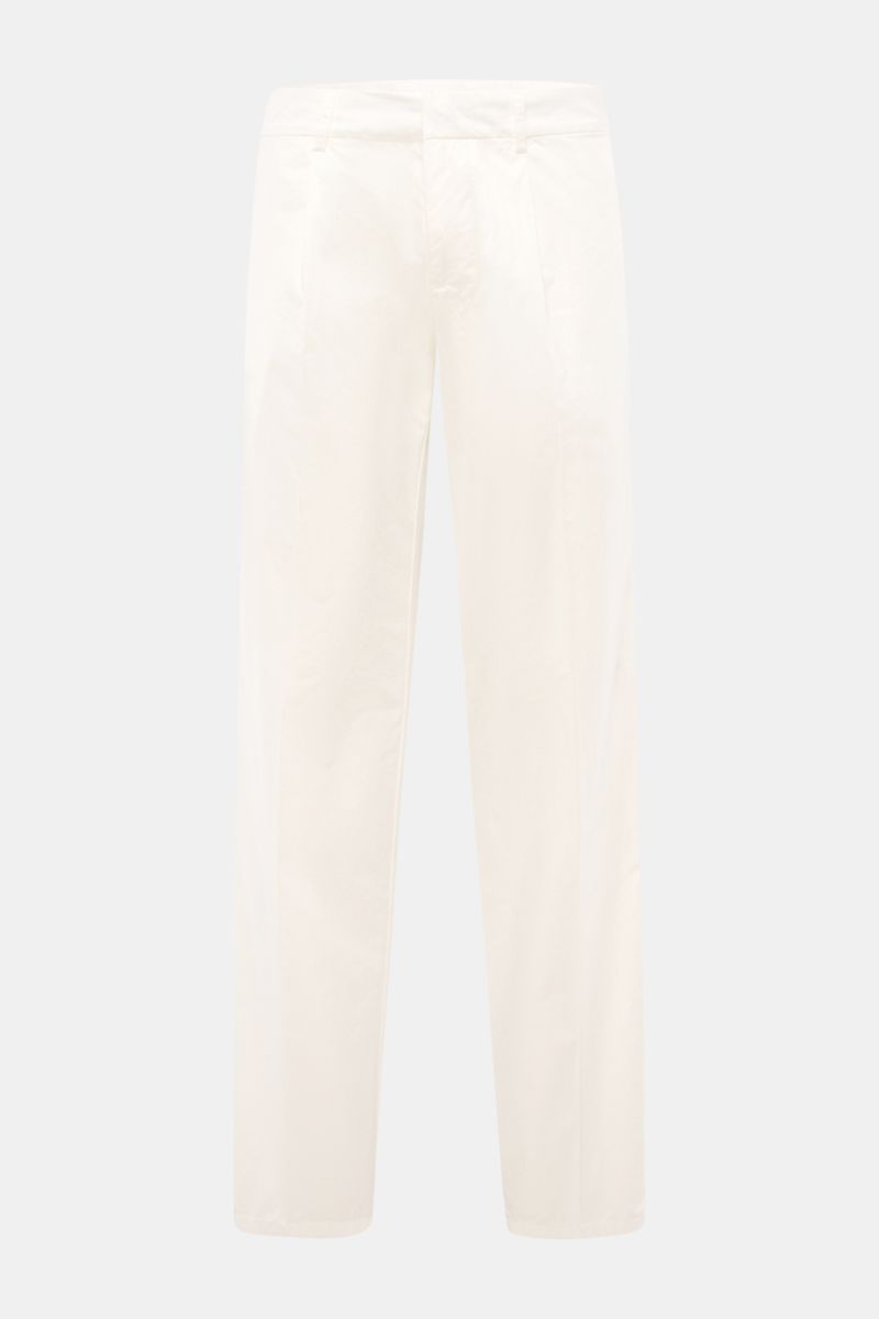 Front view of Emporio Armani Cotton trousers off-white, made of pure cotton with a smooth touch. These summer essential light cotton trousers feature a regular fit with a slightly tapered cut, zip and hook fastener, side seam pockets, and jetted back pock