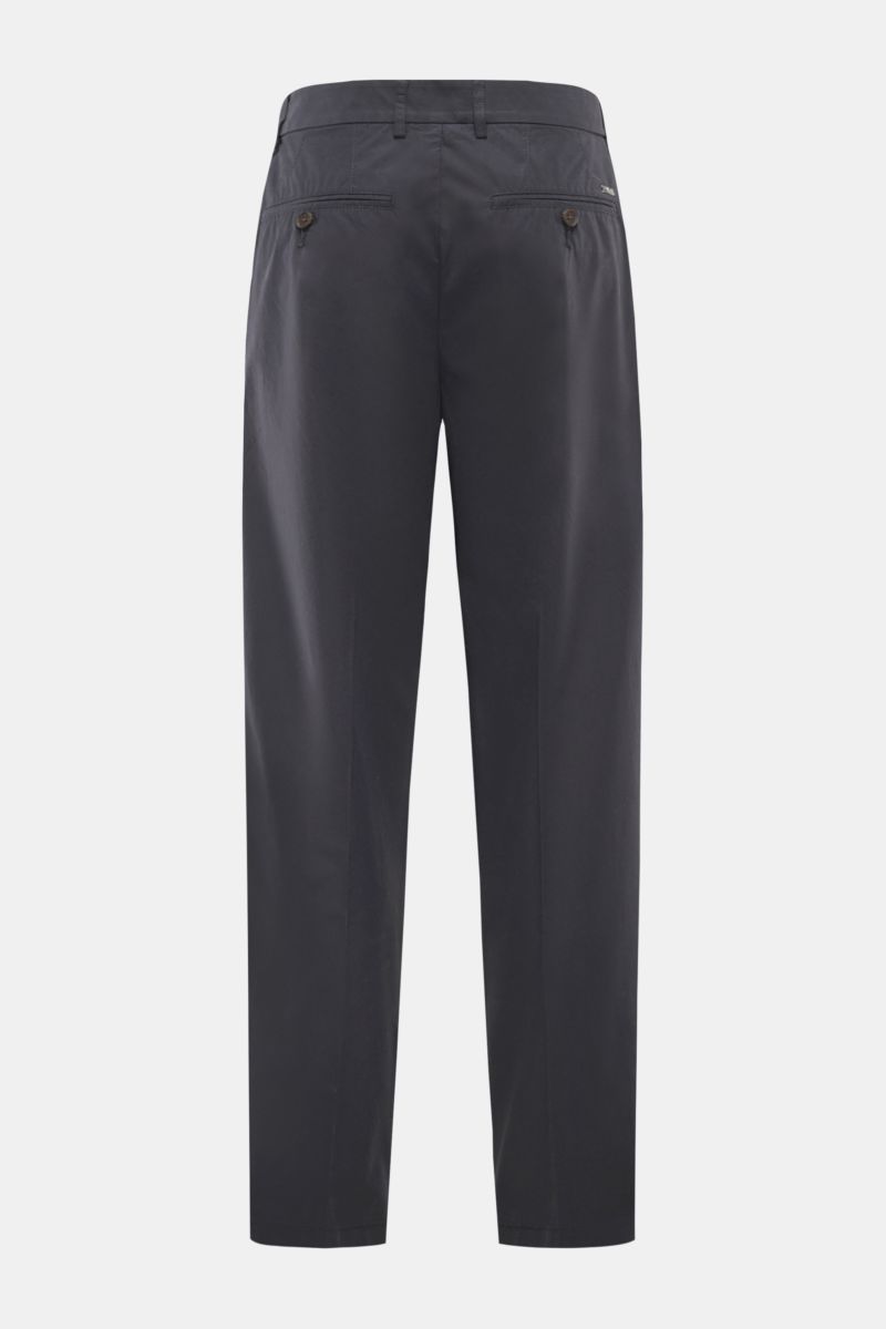 Rear view of Emporio Armani Cotton trousers navy in pure cotton with a smooth touch, regular fit, slightly tapered cut, zip and hook fastener, side seam pockets, and jetted back pockets. Summer essential: These light cotton trousers by EMPORIO ARMANI are 