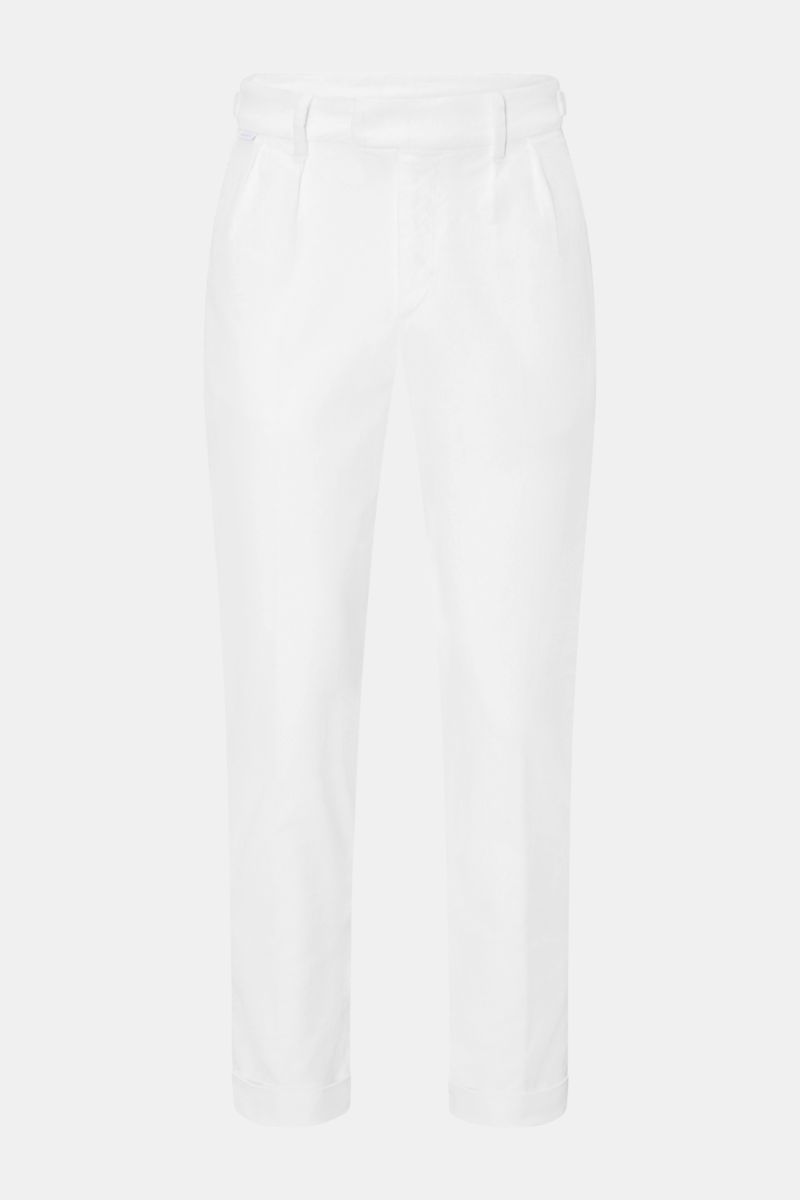04651/ A trip in a bag Cordhose offwhite aus Baumwoll-Cord, leicht elastisch, mit doppelter Bundfalte, Side-Adjustern, Tapered Fit, Frontansicht