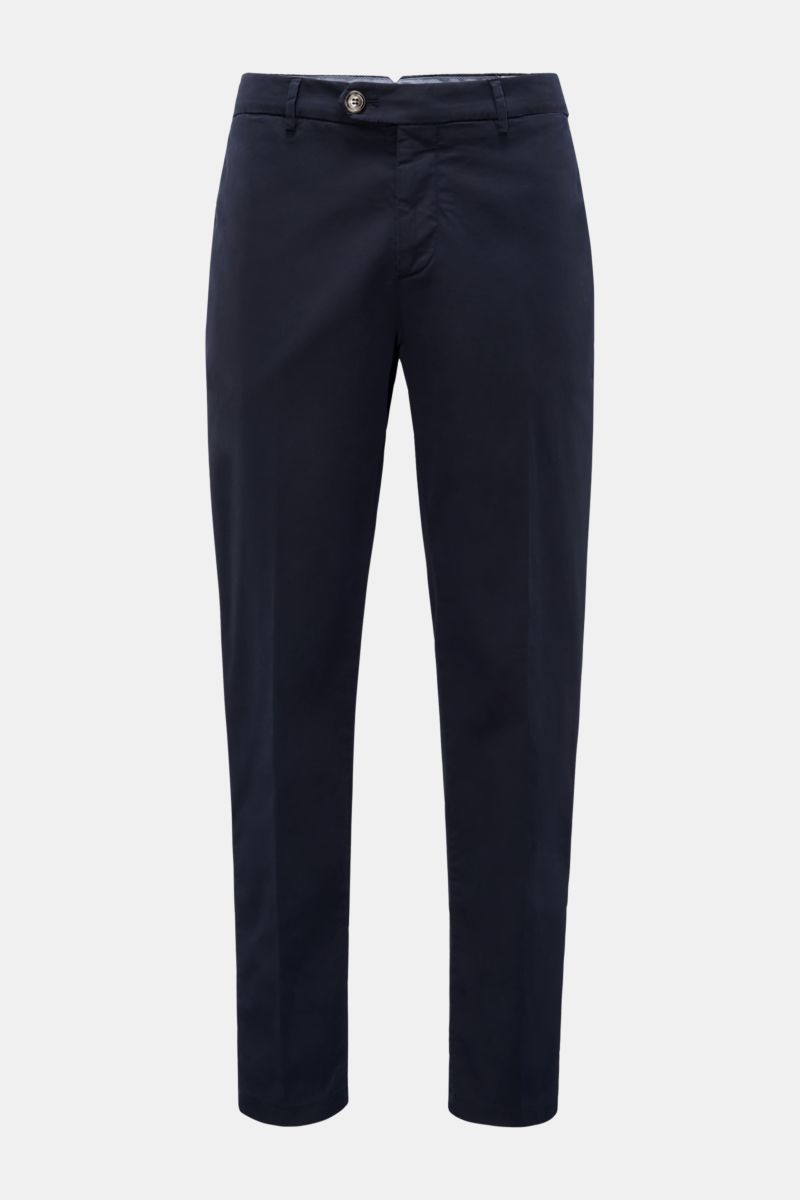 Front view of Brunello Cucinelli Chinos 'Italian Fit' navy, elasticated cotton twill, tapered short cut with zip, buttons, French and back pockets.

Description: These chinos from luxury label BRUNELLO CUCINELLI are a versatile classic trouser model th