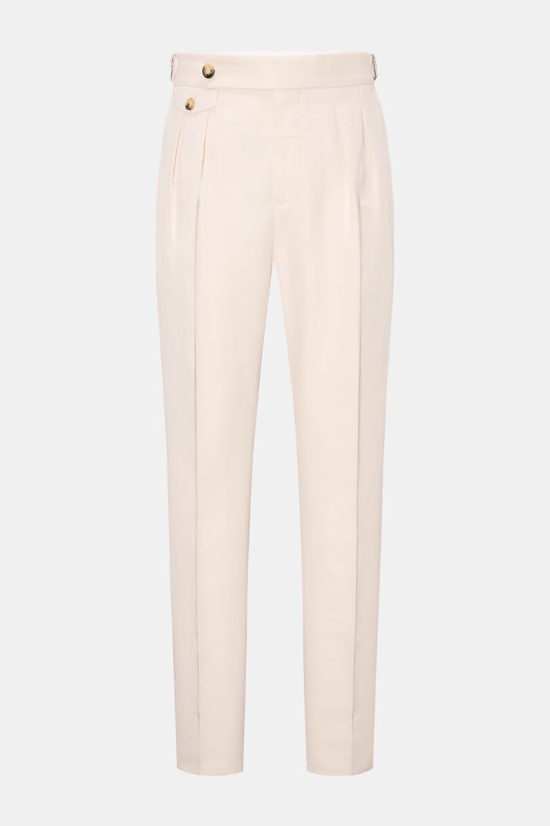 Brunello Cucinelli Hose creme, frontale Ansicht, Baumwoll-Leinen-Twill, Regular Fit, schmal zulaufend, Bundhaken, Side Adjuster, Knopfriegel, Taschen.