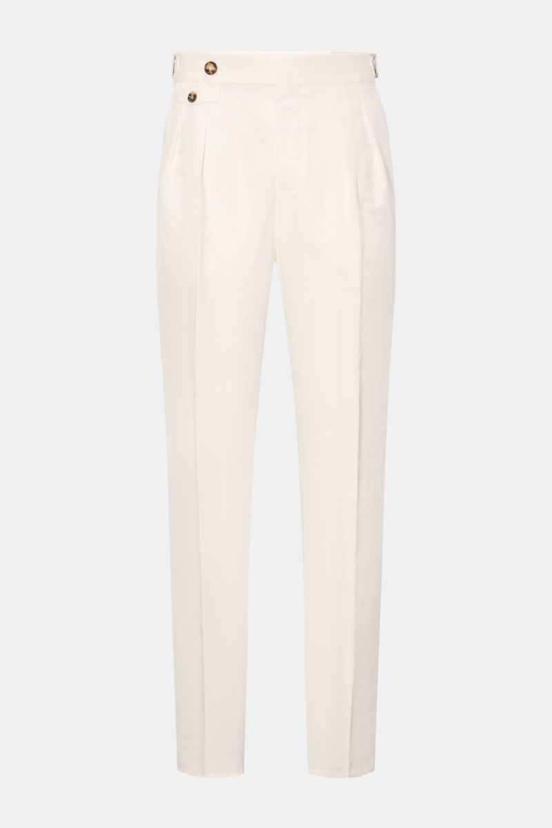 Brunello Cucinelli Hose offwhite, frontale Aufnahme, Regular Fit, Twill aus Baumwolle und Leinen, Bundhaken, Side Adjuster, doppelte Bundfalte.