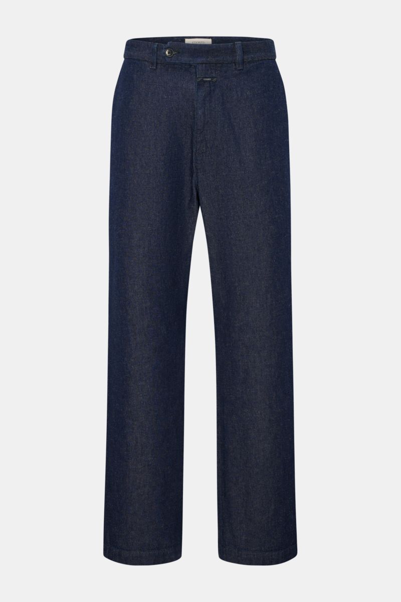 Front view of Closed Jeans 'Fairport' navy made from a robust cotton-linen blend, featuring a regular fit, straight cut, zip and button waist, French pockets, back pockets with button flap, and signature CLOSED woven label. Denim with a twist: The jeans '