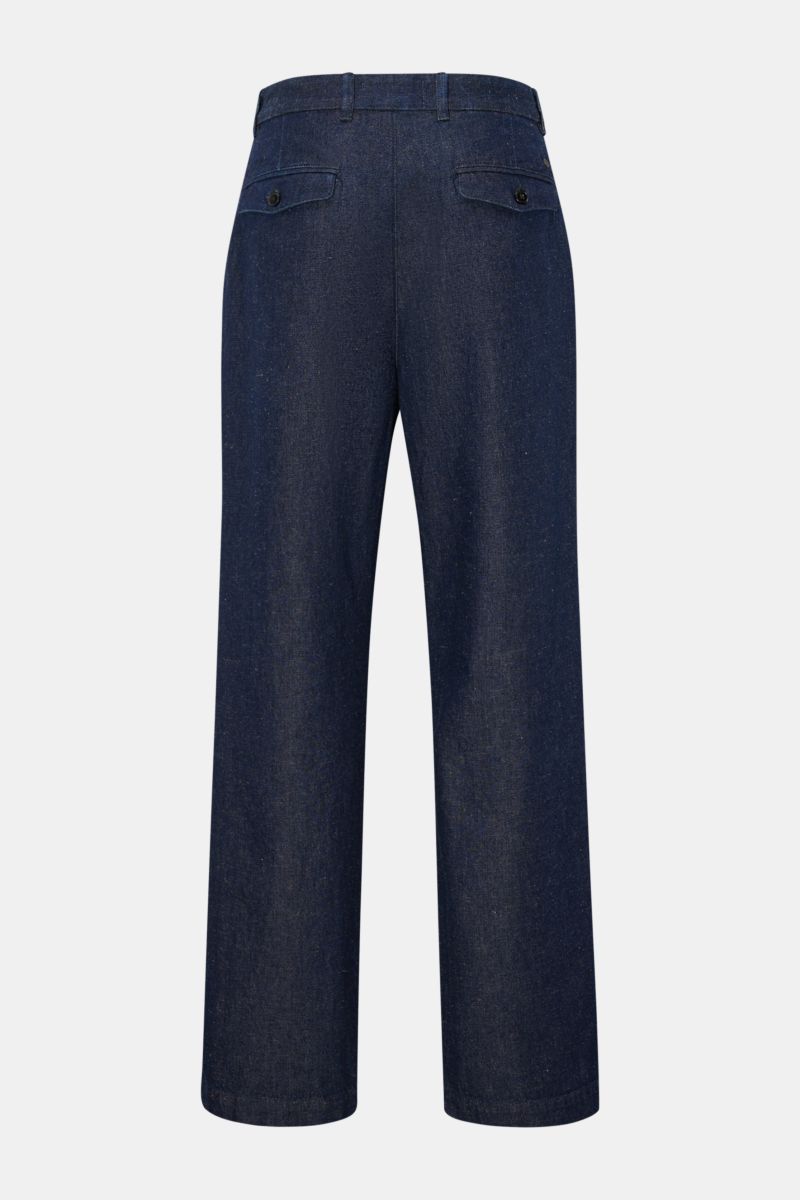 Closed Jeans 'Fairport' navy shown from the back in a studio setting, made of a robust cotton-linen blend with a regular fit, straight cut, zip and waist button, French pockets, back pockets with button flap, and signature CLOSED woven label. Denim with a