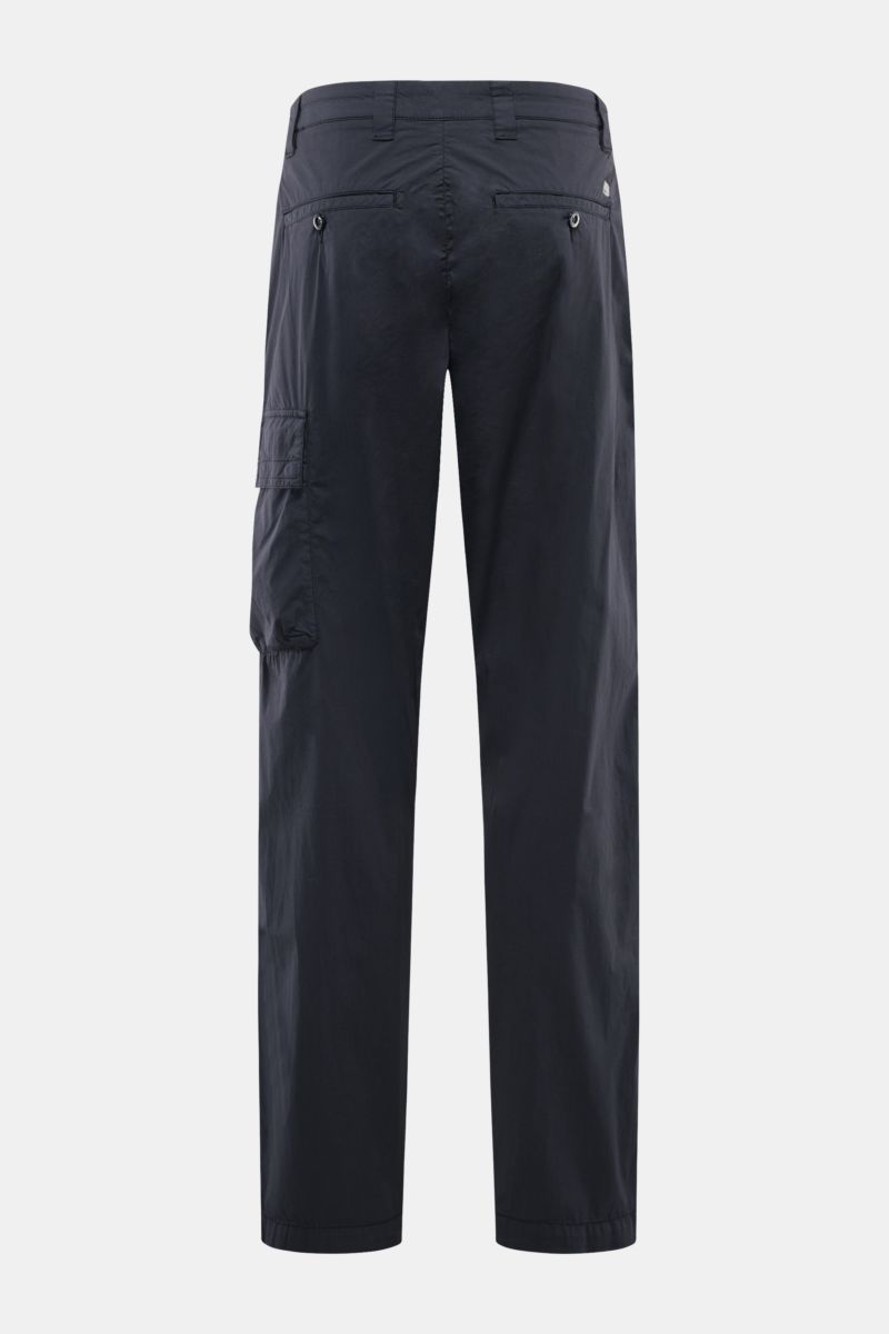 Rear view of C.P. Company Cargo pants navy, tapered fit, ankle length, cotton-microfibre blend with cargo, side seam, and jetted back pockets. Utility aesthetic for everyday wear, straight cut, zip and waist button, soft feel.