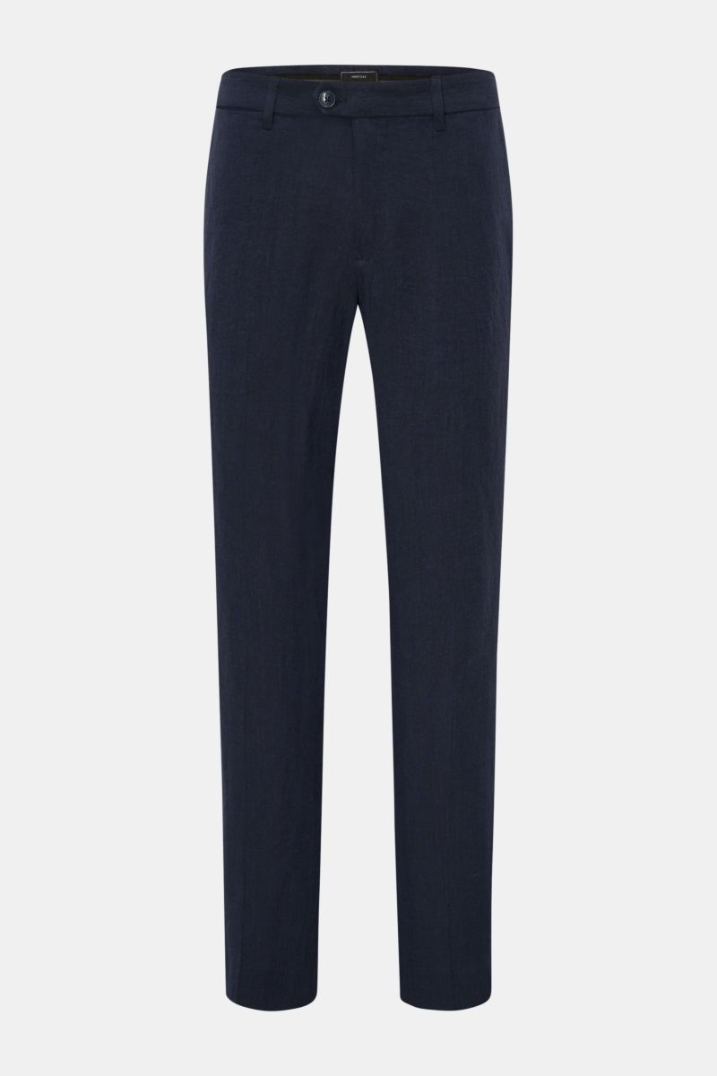 Front view of Percival Linen trousers 'Tailored Linen' navy in breathable, lightweight pure linen with tapered fit, regular thigh width, ankle length, waistband with button and zip, French pockets, small watch pocket, and jetted back pockets with button, 