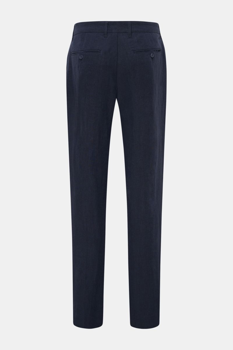 Rear view of Percival Linen trousers 'Tailored Linen' navy in breathable pure linen, tapered fit, ankle length with buttoned jetted back pockets and waistband.