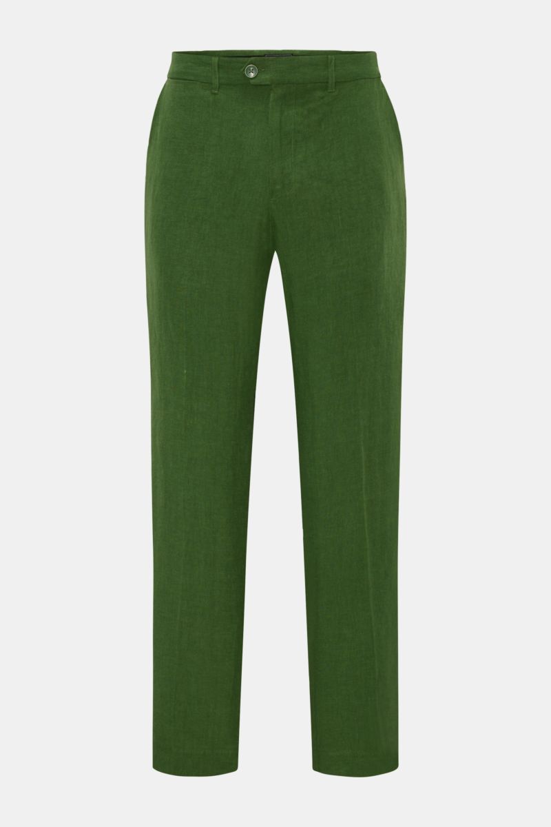 Front view of Percival Trousers 'Tailored Linen' green, straight cut with zip and button, made of linen and cotton blend.

Description: Stay smart this summer: The straight cut trousers 'Tailored Linen' made of linen and cotton by London label PERCIVAL
