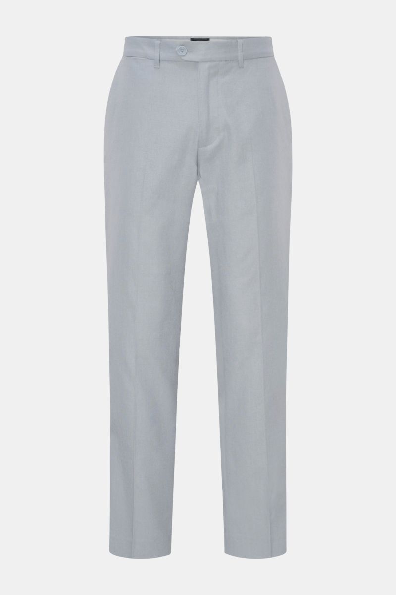 Front view of Percival Trousers 'Tailored Linen' smoky blue, straight cut, regular fit, linen and cotton blend with zip, button, French and jetted pockets.

Stay smart this summer: The straight cut trousers 'Tailored Linen' made of linen and cotton by 