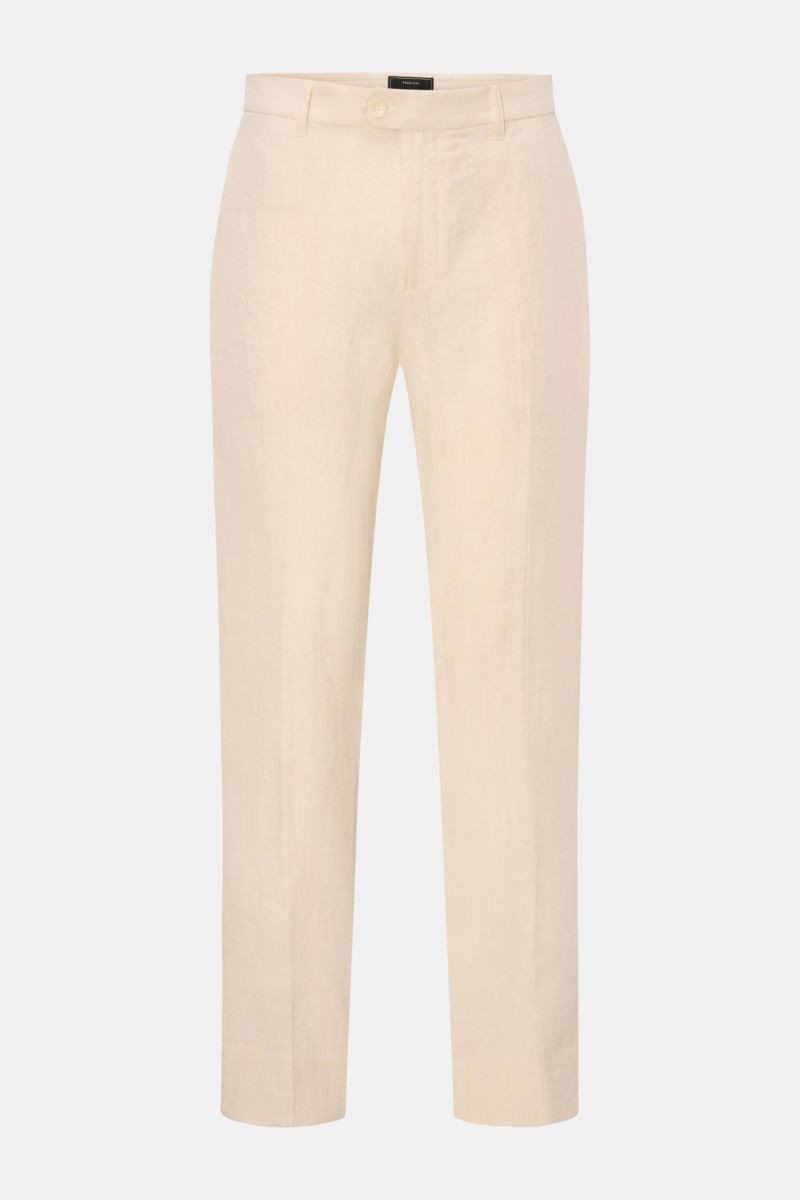 Front view of Percival Trousers 'Tailored Linen' cream mottled, straight cut, regular fit, linen-cotton blend with zip, waist button, and pockets.

Stay smart this summer: The straight cut trousers 'Tailored Linen' made of linen and cotton by London la