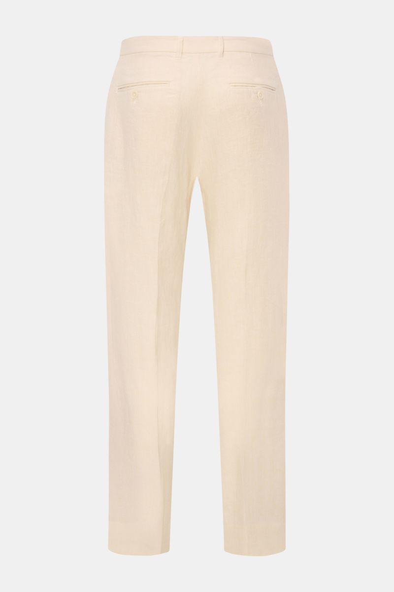 Rear view of Percival Trousers 'Tailored Linen' cream mottled, straight cut linen and cotton blend with French and jetted back pockets.

Stay smart this summer: The straight cut trousers 'Tailored Linen' made of linen and cotton by London label PERCIVA
