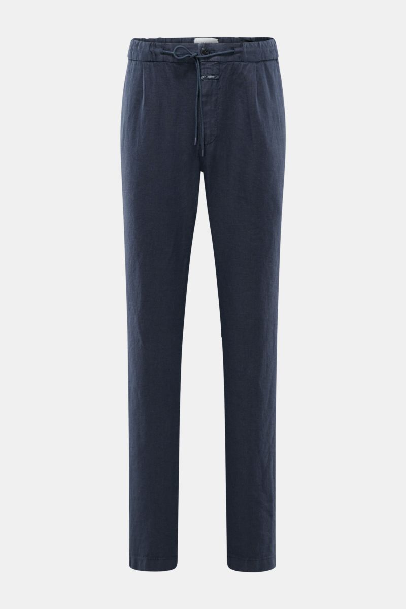Front view of Closed Linen jogger pants navy in pure linen, lightweight with elasticated waistband, drawstring, zip fly, tapered short cut, French and jetted back pockets. Perfect for hot days, versatile casual summer pants.